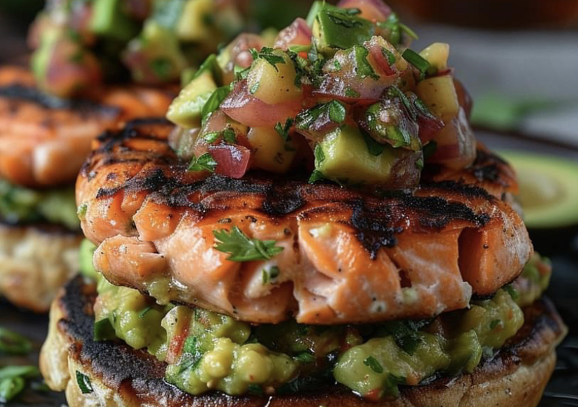 Grilled Salmon Burgers with Avocado Salsa – RECIPES